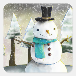Whimsical Snowman in Winter Christmas Drawing Square Sticker
