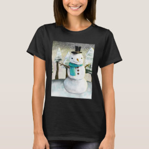 Whimsical Snowman in Winter Christmas Drawing T-Shirt
