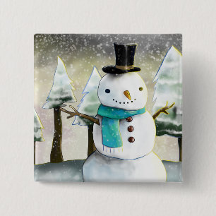 Whimsical Snowman in Winter Christmas Scene 15 Cm Square Badge