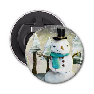 Whimsical Snowman in Winter Christmas Scene Bottle Opener