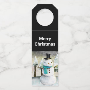 Whimsical Snowman in Winter Christmas Scene Bottle Tag