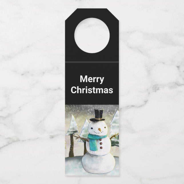 Whimsical Snowman in Winter Christmas Scene Bottle Tag (Front)