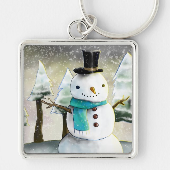 Whimsical Snowman in Winter Christmas Scene Key Ring (Front)