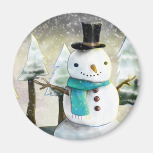 Whimsical Snowman in Winter Christmas Scene Magnet