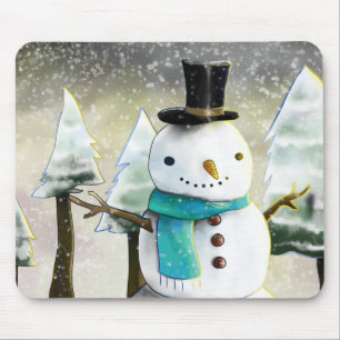 Whimsical Snowman in Winter Christmas Scene Mouse Pad