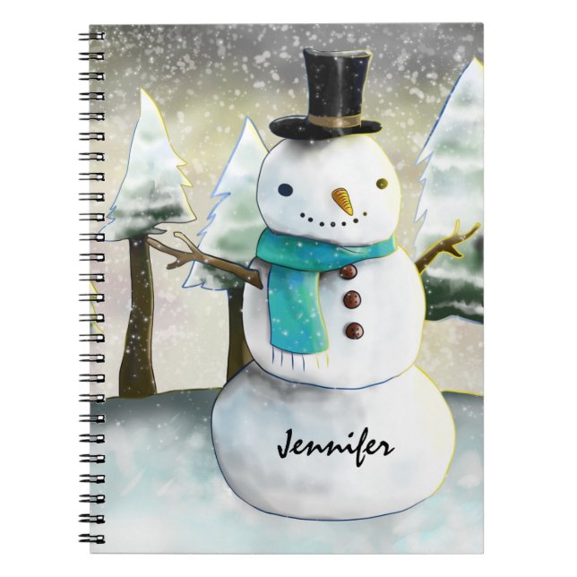 Whimsical Snowman in Winter Christmas Scene Notebook (Front)