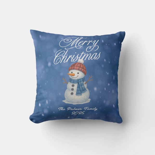 Whimsical Snowman Merry Christmas Cushion (Front)