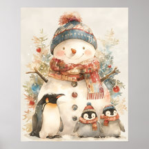 whimsical Snowman Penguins Watercolor Winter Decor