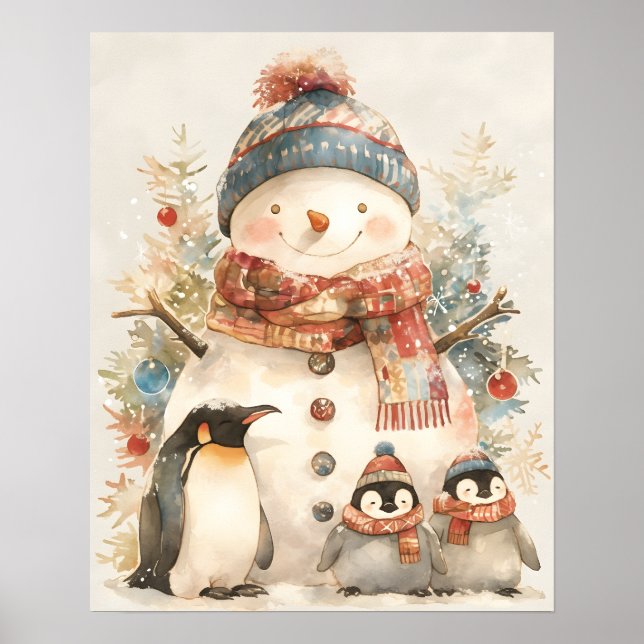 whimsical Snowman Penguins Watercolor Winter Decor (Front)