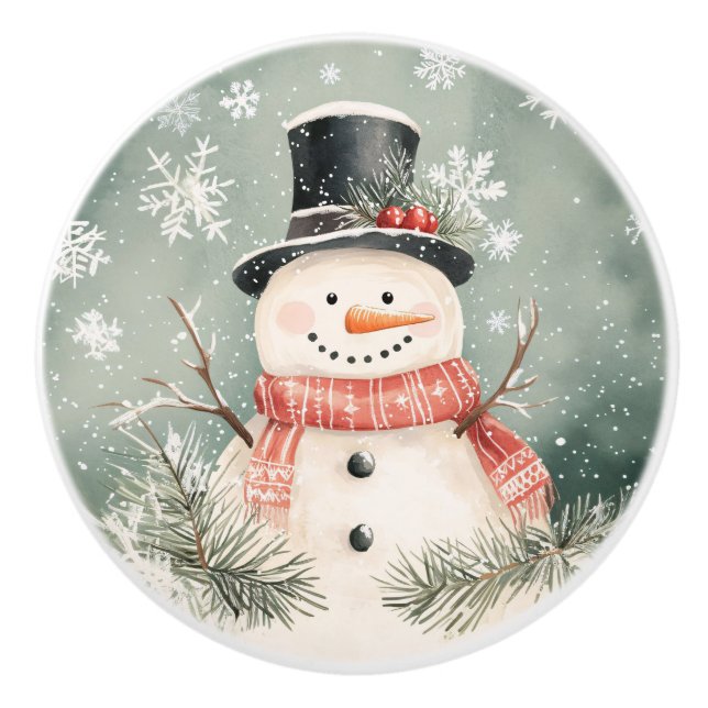 Whimsical Snowman Rustic Christmas Illustration Ceramic Knob (Front)