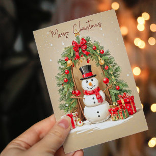 Whimsical Snowman Under Festive Wreath Holiday Car Card