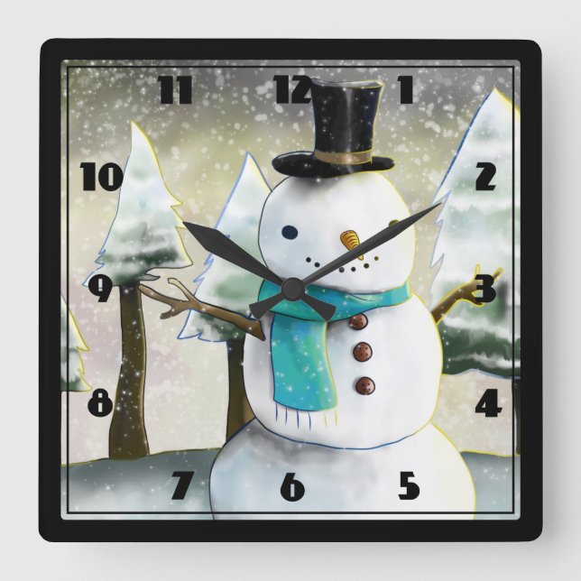 Whimsical Snowman Winter Scene Christmas Drawing Square Wall Clock (Front)