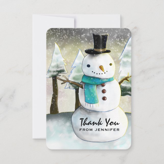 Whimsical Snowman Winter Scene Christmas Thank You (Front)