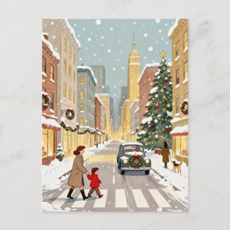 Whimsical Snowy City Street Christmas Postcard