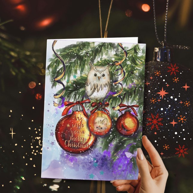 Whimsical Snowy Owl Christmas Ornament  Holiday Card (Whimsical Snowy Owl Christmas Ornament Holiday Card)
