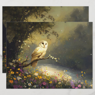 Whimsical Snowy White Owl Floral Scrapbook Paper