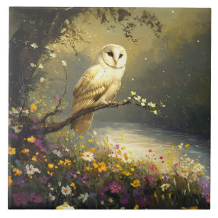 Whimsical Snowy White Owl Wildflowers Art Ceramic Tile