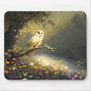 Whimsical Snowy White Owl Wildflowers Art Mouse Pad