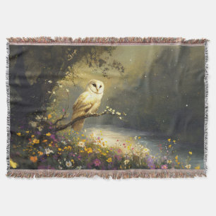 Whimsical Snowy White Owl Wildflowers Art Throw Blanket
