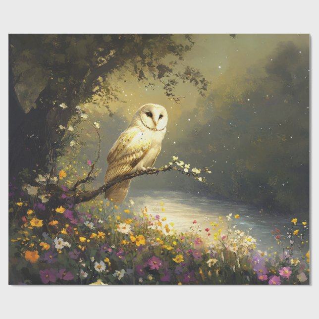 Whimsical Snowy White Owl Wildflowers Decoupage Wrapping Paper (Flat)