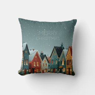 Whimsical Snowy Winter Village Merry Christmas Cushion