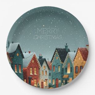 Whimsical Snowy Winter Village Merry Christmas Paper Plate