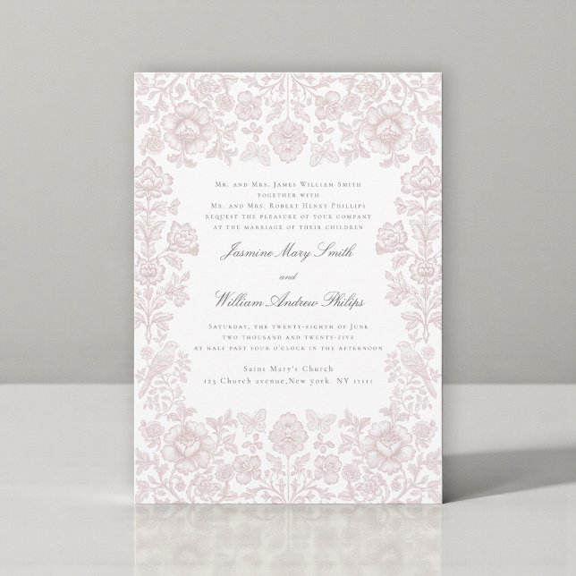 Whimsical Soft Pink Floral Bird Damask Wedding  Invitation (Creator Uploaded)