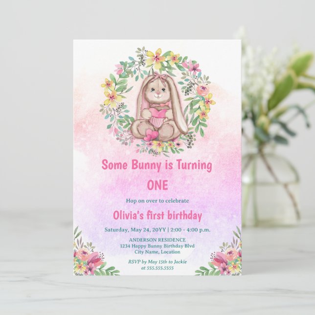 Whimsical Some Bunny Floral Birthday Party Invitation (Standing Front)