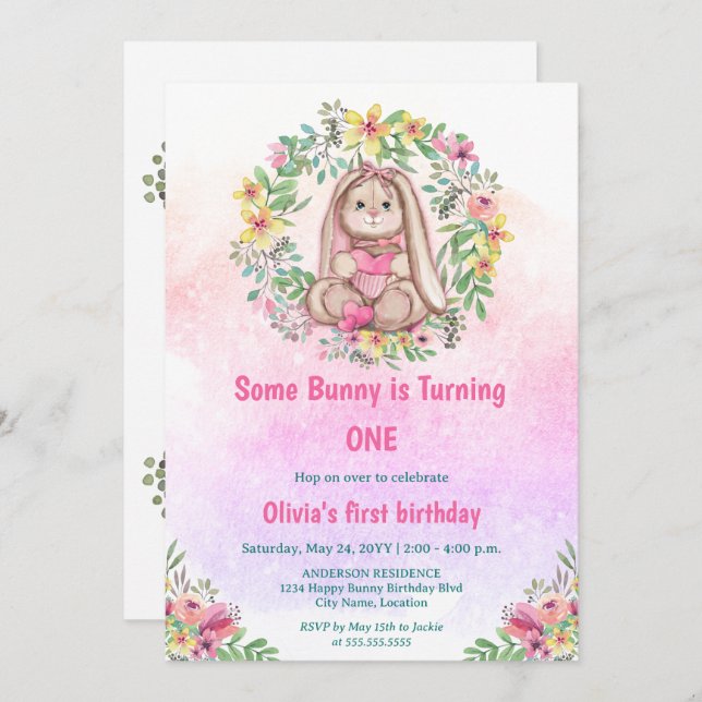 Whimsical Some Bunny Floral Birthday Party Invitation (Front/Back)