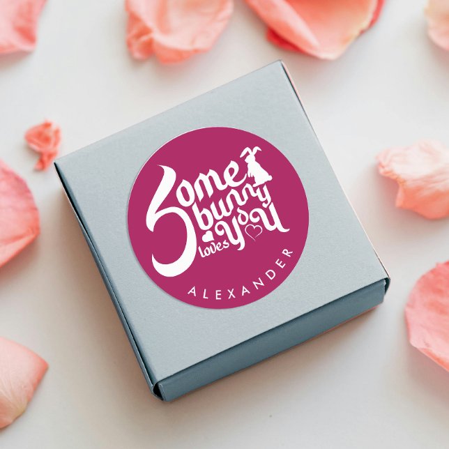 Whimsical Somebunny Love  Red White Bunny Typo  Classic Round Sticker (Creator Uploaded)