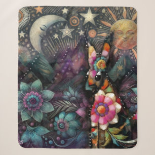 Whimsical Southwest Coyote Animal Floral Sun Moon Sherpa Blanket