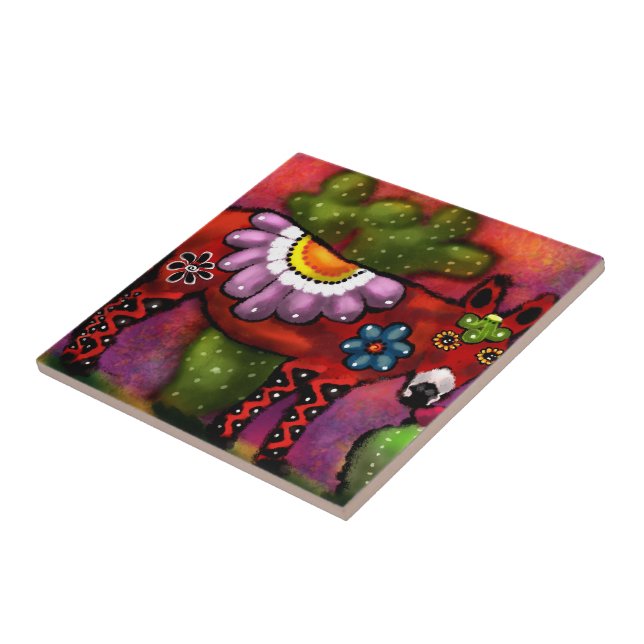 Whimsical Southwest Floral Talavera-Style Donkey Ceramic Tile (Side)