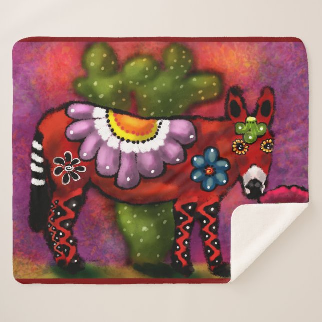 Whimsical Southwest Floral Talavera-Style Donkey Sherpa Blanket (Front (Horizontal))
