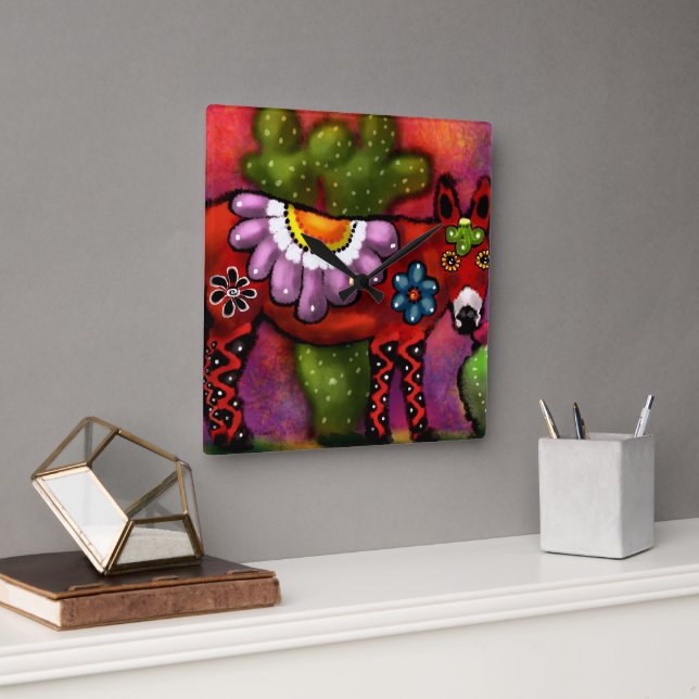 Whimsical Southwest Floral Talavera-Style Donkey Square Wall Clock (Office)