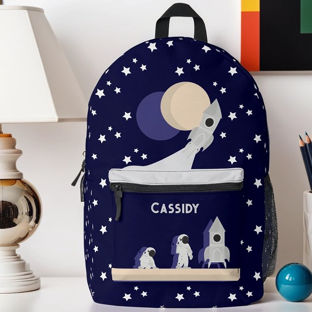Whimsical Space Astronaut Rocket Stars Kids Name Printed Backpack (Get this personalized space-themed backpack!)