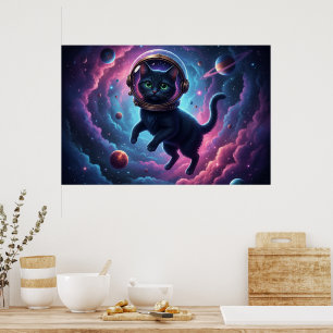 Whimsical Space Cat Wall Art Print for Cat Lovers