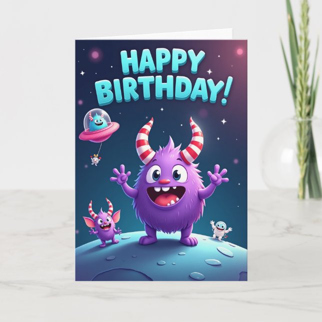 Whimsical Space Creature Birthday Card (Front)