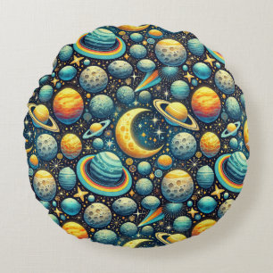 Whimsical space scene round cushion
