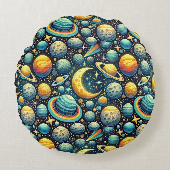 Whimsical space scene round cushion (Front)