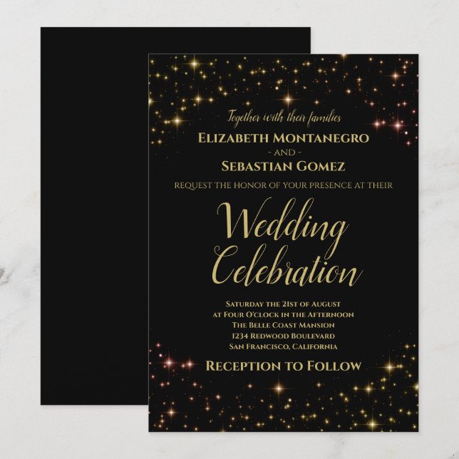 Whimsical Sparkles & Stars Gold on Black Wedding Invitation (Front/Back)