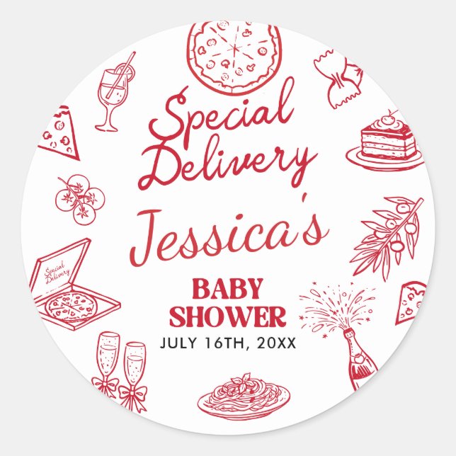 Whimsical Special Delivery Baby Shower Classic Round Sticker (Front)