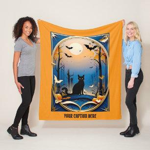 Whimsical  spooky black cat themed customise text fleece blanket
