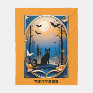 Whimsical spooky black cat themed customise text fleece blanket