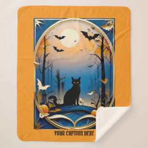Whimsical spooky black cat themed customise text sherpa blanket