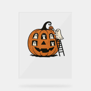 Whimsical Spooky Pumpkin with Ghosts, Cats & Hallo Acrylic Sign