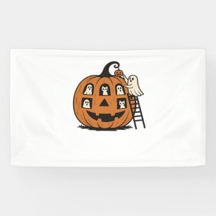 Whimsical Spooky Pumpkin with Ghosts, Cats & Hallo Banner