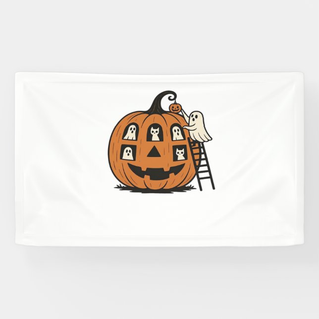 Whimsical Spooky Pumpkin with Ghosts, Cats & Hallo Banner (Horizontal)