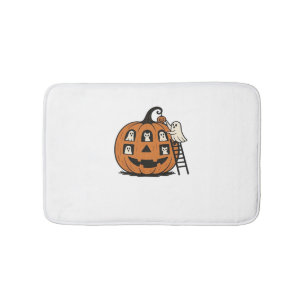 Whimsical Spooky Pumpkin with Ghosts, Cats & Hallo Bath Mat