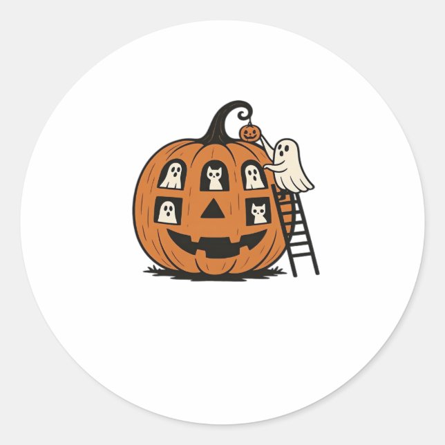 Whimsical Spooky Pumpkin with Ghosts, Cats & Hallo Classic Round Sticker (Front)
