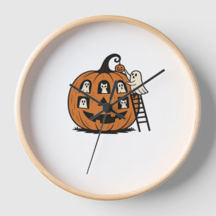 Whimsical Spooky Pumpkin with Ghosts, Cats & Hallo Clock
